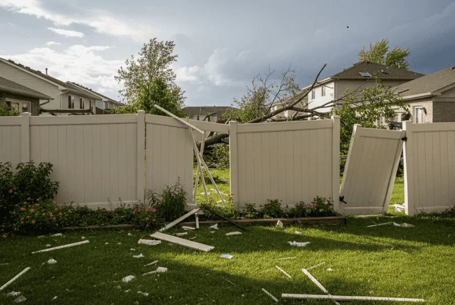 Fence Repair. Broken fence needing repair on sunny day.